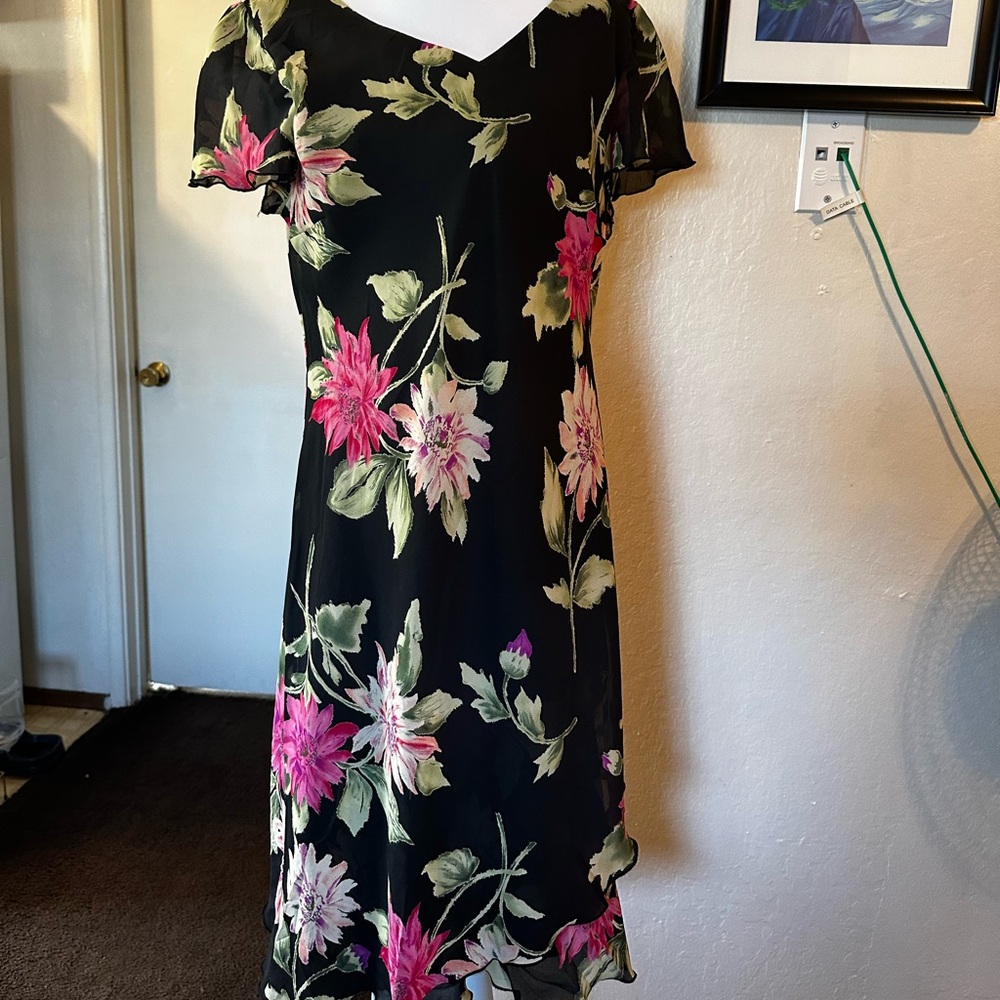 dressbarn Black midi Dress with Pink and Green Floral Design